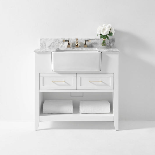 Ancerre Designs Hayley 36" White 2-Drawer 1-Shelf Bathroom Vanity With Italian Carrara White Marble Vanity Top, Single Farmhouse Undermount Apron Ceramic Sink, 4" White Marble Backsplash and Satin Brushed Gold Hardware