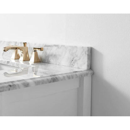 Ancerre Designs Hayley 36" White 2-Drawer 1-Shelf Bathroom Vanity With Italian Carrara White Marble Vanity Top, Single Farmhouse Undermount Apron Ceramic Sink, 4" White Marble Backsplash and Satin Brushed Gold Hardware