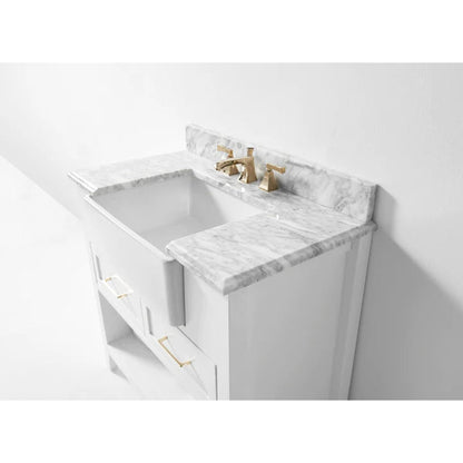Ancerre Designs Hayley 36" White 2-Drawer 1-Shelf Bathroom Vanity With Italian Carrara White Marble Vanity Top, Single Farmhouse Undermount Apron Ceramic Sink, 4" White Marble Backsplash and Satin Brushed Gold Hardware