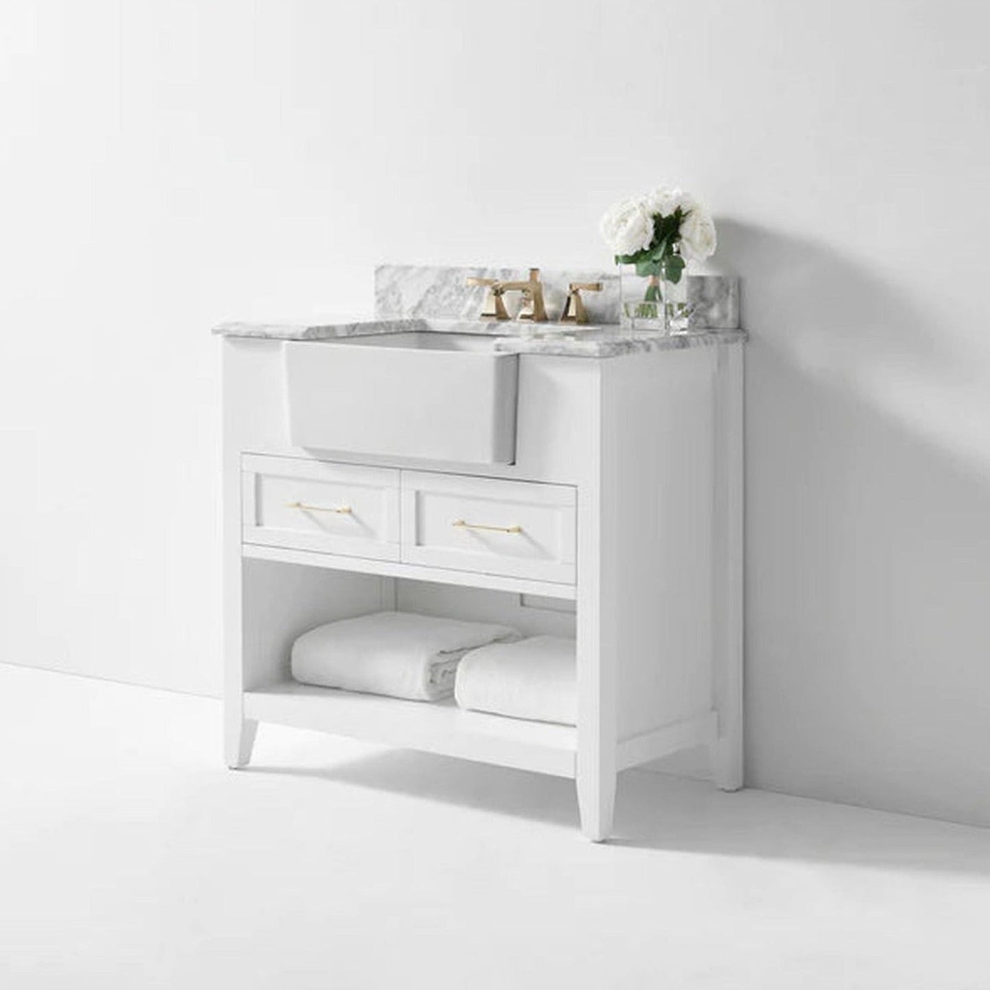 Ancerre Designs Hayley 36" White 2-Drawer 1-Shelf Bathroom Vanity With Italian Carrara White Marble Vanity Top, Single Farmhouse Undermount Apron Ceramic Sink, 4" White Marble Backsplash and Satin Brushed Gold Hardware