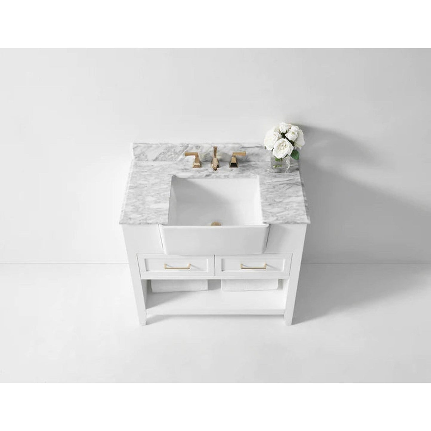 Ancerre Designs Hayley 36" White 2-Drawer 1-Shelf Bathroom Vanity With Italian Carrara White Marble Vanity Top, Single Farmhouse Undermount Apron Ceramic Sink, 4" White Marble Backsplash and Satin Brushed Gold Hardware