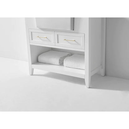 Ancerre Designs Hayley 36" White 2-Drawer 1-Shelf Bathroom Vanity With Italian Carrara White Marble Vanity Top, Single Farmhouse Undermount Apron Ceramic Sink, 4" White Marble Backsplash and Satin Brushed Gold Hardware