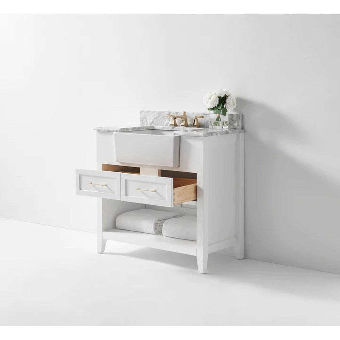 Ancerre Designs Hayley 36" White 2-Drawer 1-Shelf Bathroom Vanity With Italian Carrara White Marble Vanity Top, Single Farmhouse Undermount Apron Ceramic Sink, 4" White Marble Backsplash and Satin Brushed Gold Hardware