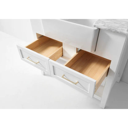 Ancerre Designs Hayley 36" White 2-Drawer 1-Shelf Bathroom Vanity With Italian Carrara White Marble Vanity Top, Single Farmhouse Undermount Apron Ceramic Sink, 4" White Marble Backsplash and Satin Brushed Gold Hardware