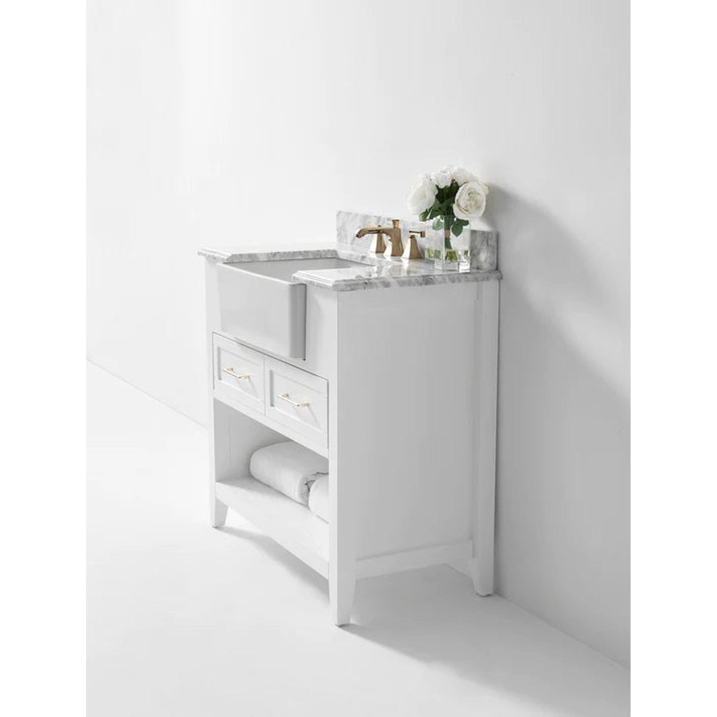 Ancerre Designs Hayley 36" White 2-Drawer 1-Shelf Bathroom Vanity With Italian Carrara White Marble Vanity Top, Single Farmhouse Undermount Apron Ceramic Sink, 4" White Marble Backsplash and Satin Brushed Gold Hardware