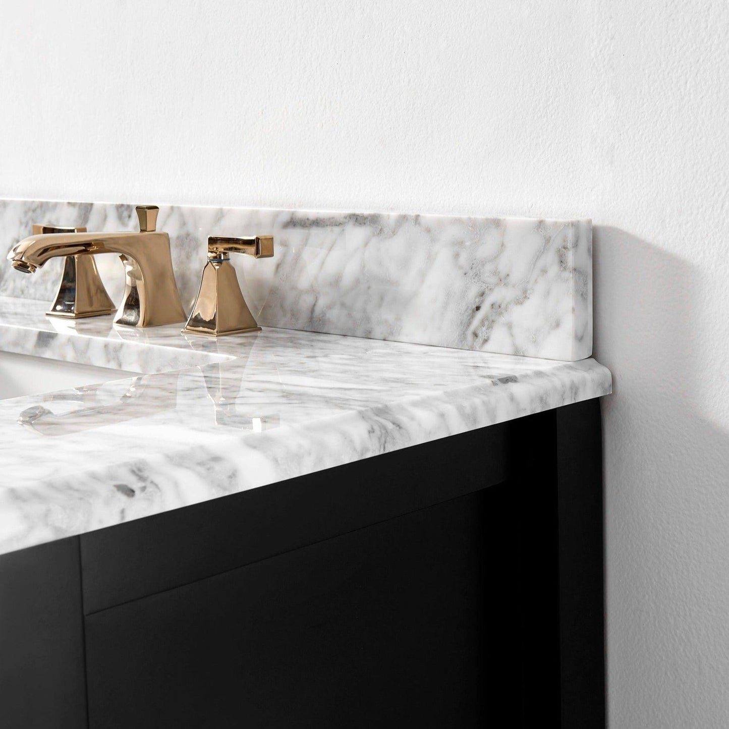 Ancerre Designs Hayley 48" Black Onyx 5-Drawer 1-Shelf Bathroom Vanity With Italian Carrara White Marble Vanity Top, Single Farmhouse Undermount Apron Ceramic Sink, 4" White Marble Backsplash and Satin Brushed Gold Hardware