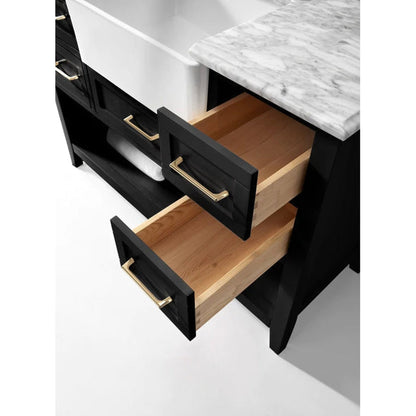 Ancerre Designs Hayley 48" Black Onyx 5-Drawer 1-Shelf Bathroom Vanity With Italian Carrara White Marble Vanity Top, Single Farmhouse Undermount Apron Ceramic Sink, 4" White Marble Backsplash and Satin Brushed Gold Hardware