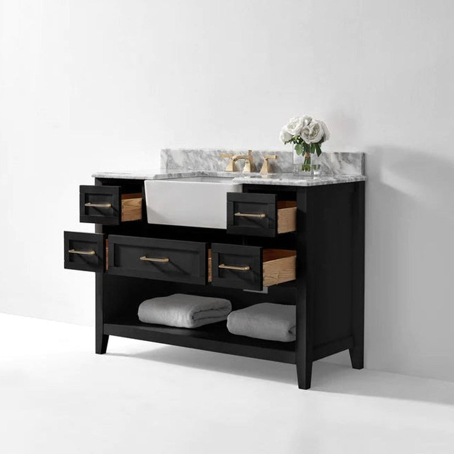 Ancerre Designs Hayley 48" Black Onyx 5-Drawer 1-Shelf Bathroom Vanity With Italian Carrara White Marble Vanity Top, Single Farmhouse Undermount Apron Ceramic Sink, 4" White Marble Backsplash and Satin Brushed Gold Hardware