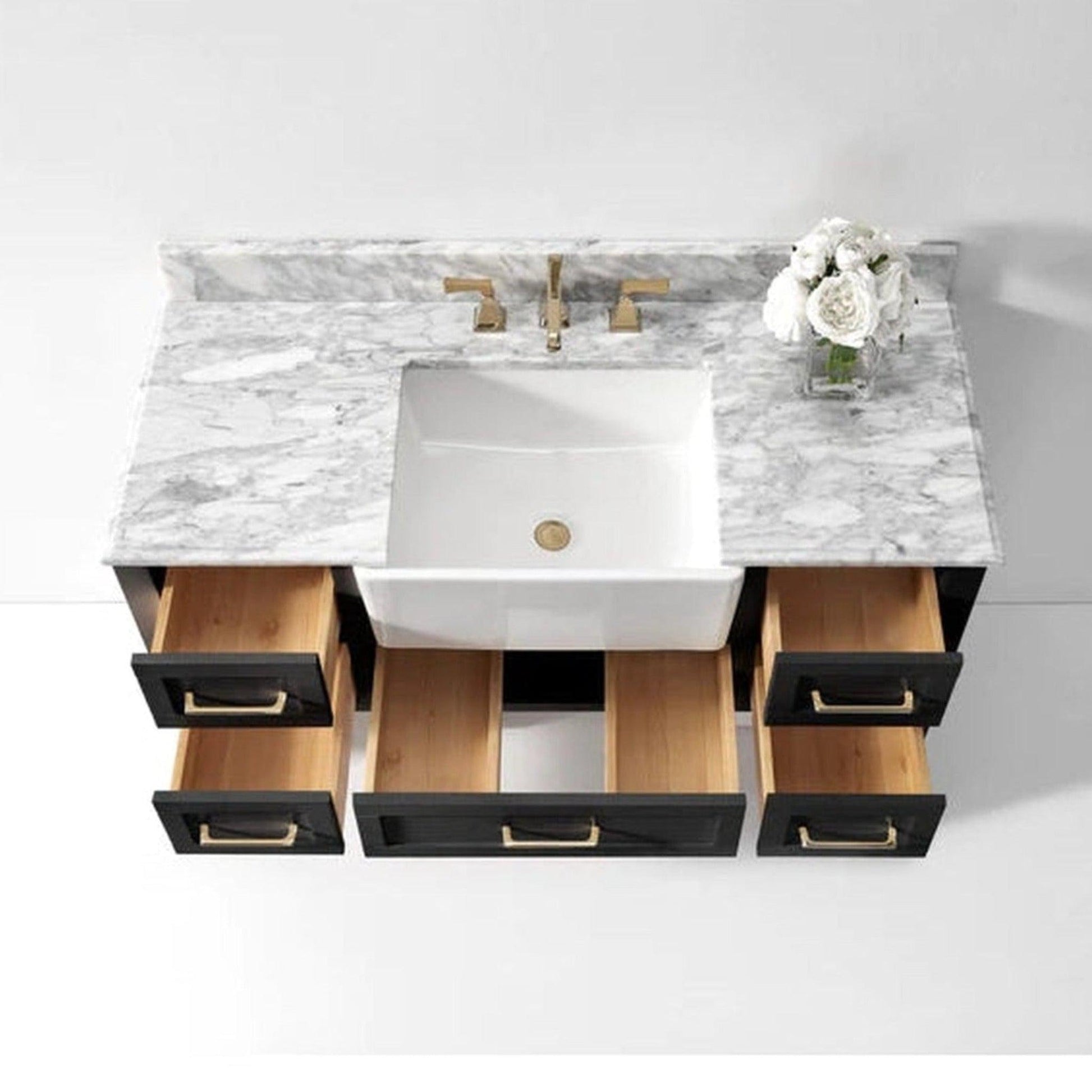 Ancerre Designs Hayley 48" Black Onyx 5-Drawer 1-Shelf Bathroom Vanity With Italian Carrara White Marble Vanity Top, Single Farmhouse Undermount Apron Ceramic Sink, 4" White Marble Backsplash and Satin Brushed Gold Hardware