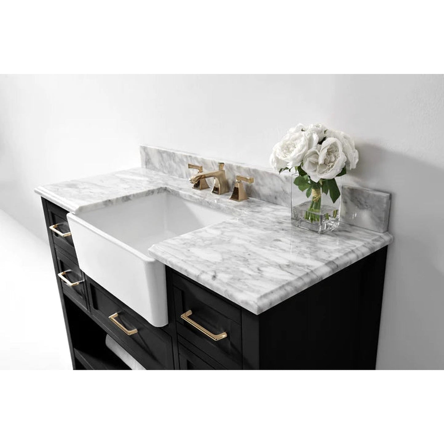 Ancerre Designs Hayley 48" Black Onyx 5-Drawer 1-Shelf Bathroom Vanity With Italian Carrara White Marble Vanity Top, Single Farmhouse Undermount Apron Ceramic Sink, 4" White Marble Backsplash and Satin Brushed Gold Hardware