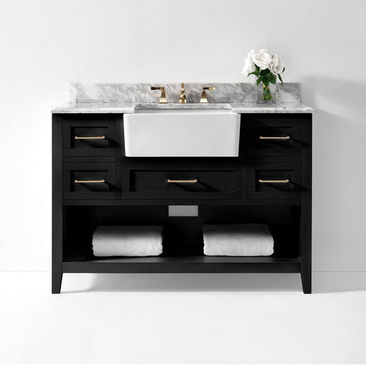 Ancerre Designs Hayley 48" Black Onyx 5-Drawer 1-Shelf Bathroom Vanity With Italian Carrara White Marble Vanity Top, Single Farmhouse Undermount Apron Ceramic Sink, 4" White Marble Backsplash and Satin Brushed Gold Hardware