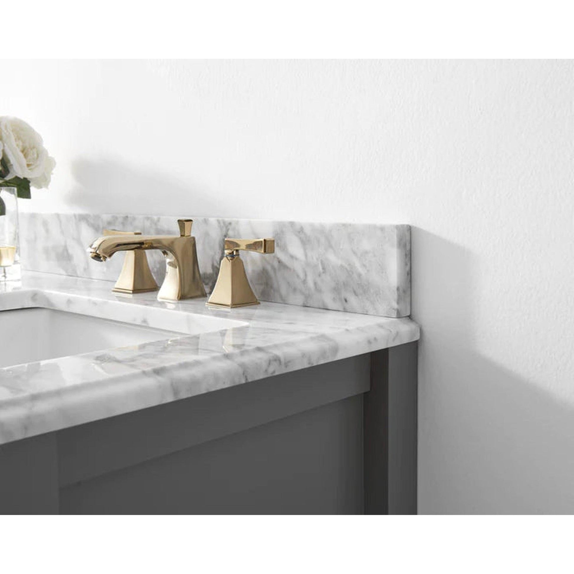 Ancerre Designs Hayley 48" Sea Cloud Gray 5-Drawer 1-Shelf Bathroom Vanity Set With Italian Carrara White Marble Vanity Top, Farmhouse Undermount Apron Ceramic Sink, 4" White Marble Backsplash and Satin Brushed Gold Hardware