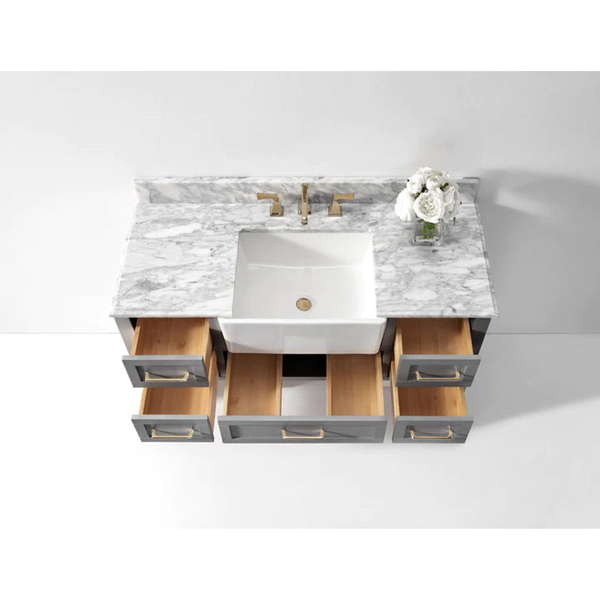 Ancerre Designs Hayley 48" Sea Cloud Gray 5-Drawer 1-Shelf Bathroom Vanity Set With Italian Carrara White Marble Vanity Top, Farmhouse Undermount Apron Ceramic Sink, 4" White Marble Backsplash and Satin Brushed Gold Hardware