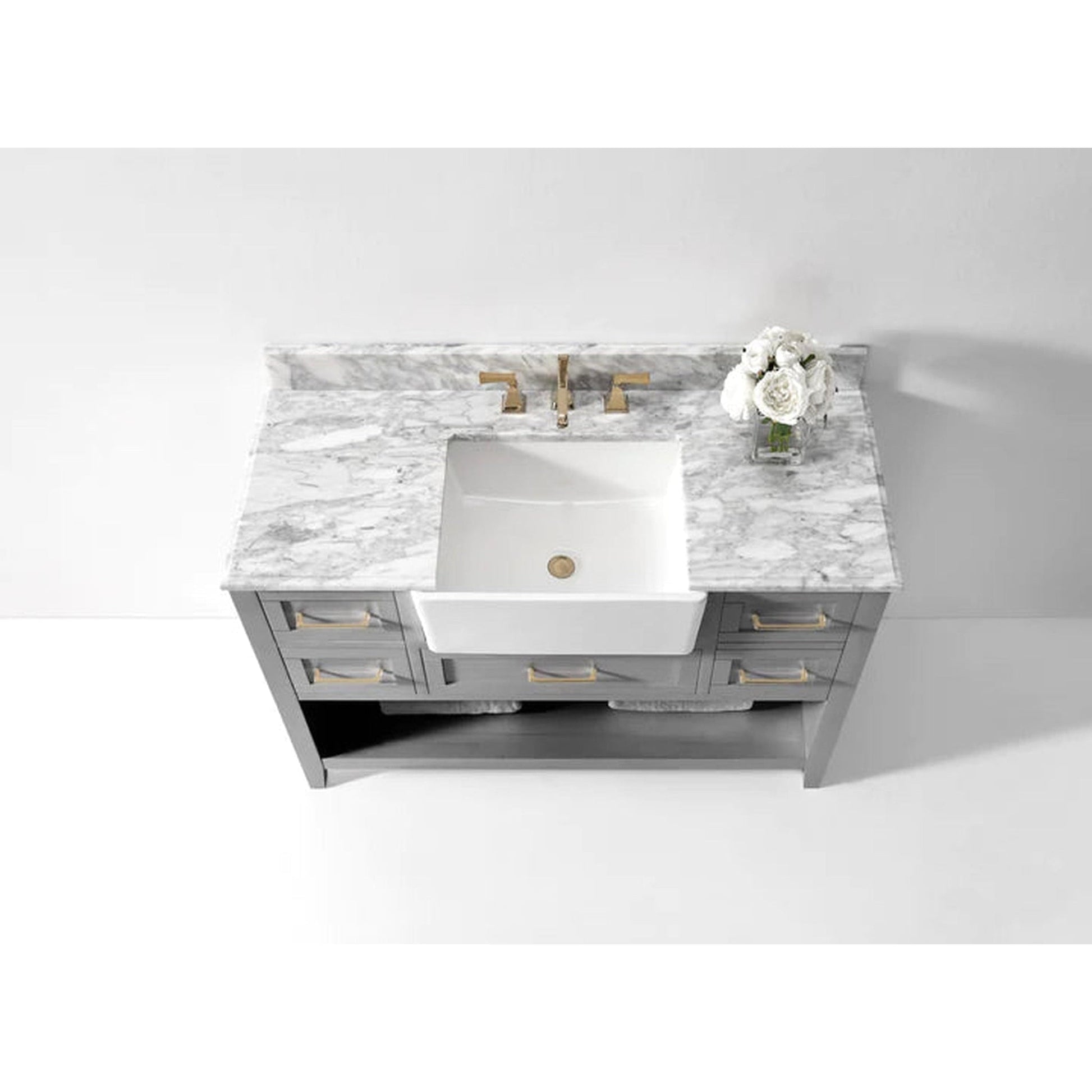 Ancerre Designs Hayley 48" Sea Cloud Gray 5-Drawer 1-Shelf Bathroom Vanity Set With Italian Carrara White Marble Vanity Top, Farmhouse Undermount Apron Ceramic Sink, 4" White Marble Backsplash and Satin Brushed Gold Hardware