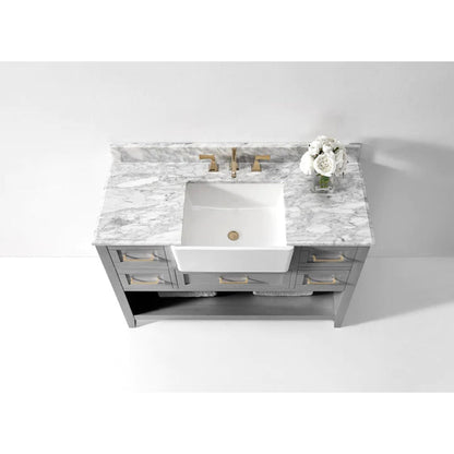 Ancerre Designs Hayley 48" Sea Cloud Gray 5-Drawer 1-Shelf Bathroom Vanity Set With Italian Carrara White Marble Vanity Top, Farmhouse Undermount Apron Ceramic Sink, 4" White Marble Backsplash and Satin Brushed Gold Hardware