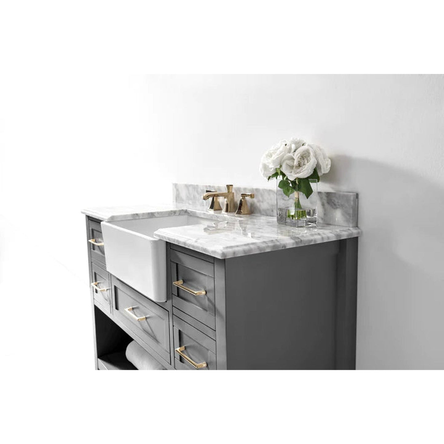 Ancerre Designs Hayley 48" Sea Cloud Gray 5-Drawer 1-Shelf Bathroom Vanity Set With Italian Carrara White Marble Vanity Top, Farmhouse Undermount Apron Ceramic Sink, 4" White Marble Backsplash and Satin Brushed Gold Hardware