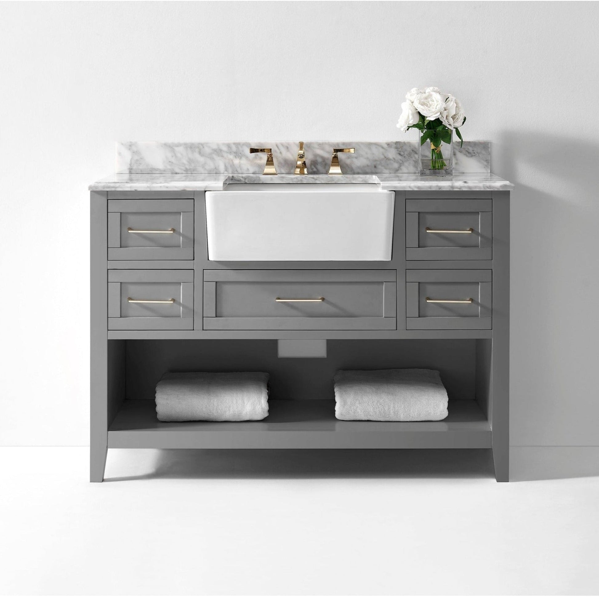 Ancerre Designs Hayley 48" Sea Cloud Gray 5-Drawer 1-Shelf Bathroom Vanity Set With Italian Carrara White Marble Vanity Top, Farmhouse Undermount Apron Ceramic Sink, 4" White Marble Backsplash and Satin Brushed Gold Hardware