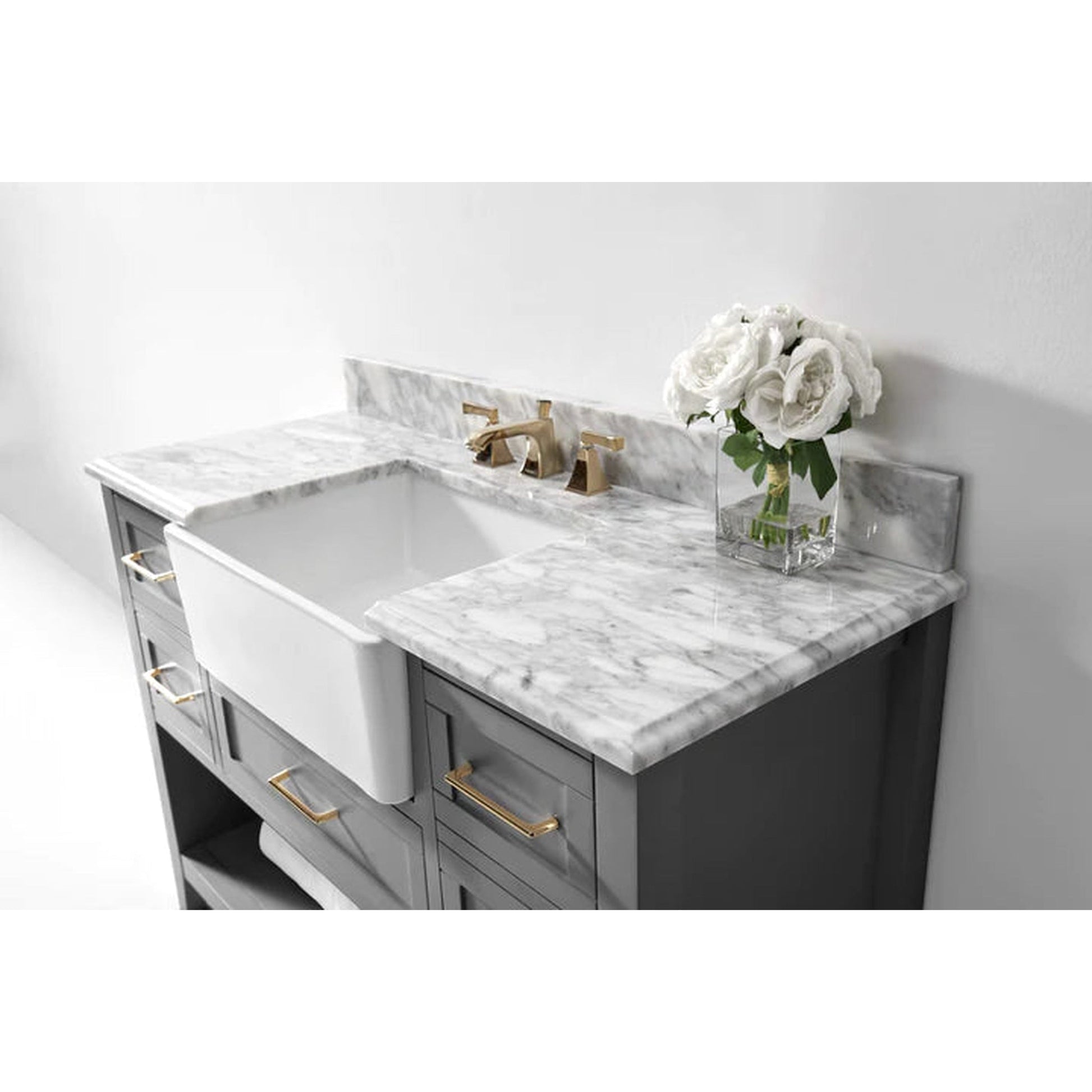 Ancerre Designs Hayley 48" Sea Cloud Gray 5-Drawer 1-Shelf Bathroom Vanity Set With Italian Carrara White Marble Vanity Top, Farmhouse Undermount Apron Ceramic Sink, 4" White Marble Backsplash and Satin Brushed Gold Hardware