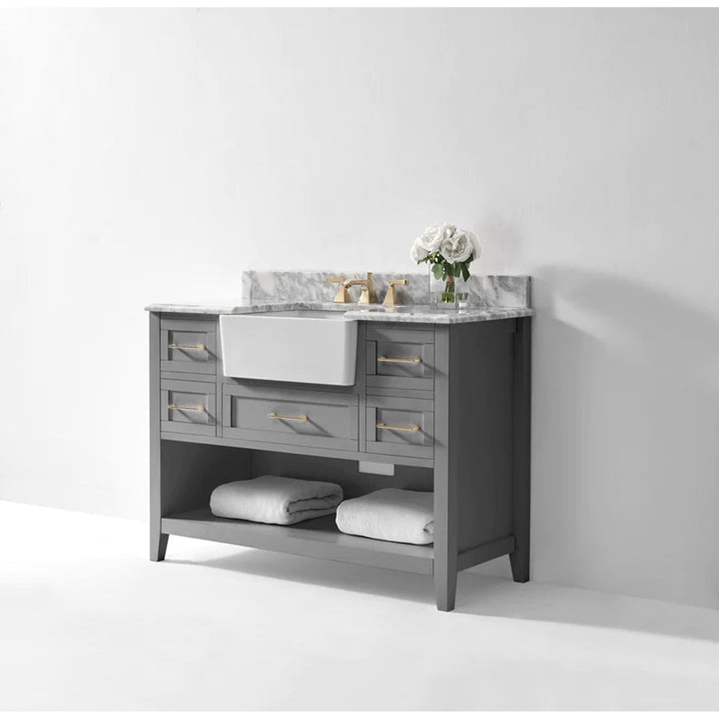 Ancerre Designs Hayley 48" Sea Cloud Gray 5-Drawer 1-Shelf Bathroom Vanity Set With Italian Carrara White Marble Vanity Top, Farmhouse Undermount Apron Ceramic Sink, 4" White Marble Backsplash and Satin Brushed Gold Hardware