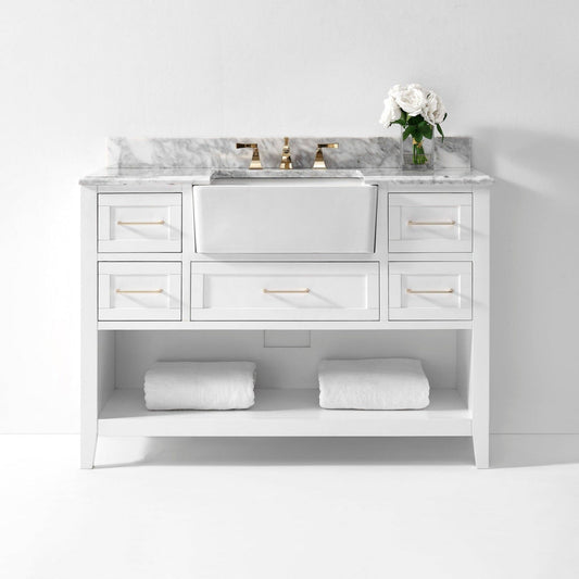 Ancerre Designs Hayley 48" White 5-Drawer 1-Shelf Bathroom Vanity With Italian Carrara White Marble Vanity Top, Double Farmhouse Undermount Apron Ceramic Sinks, 4" White Marble Backsplash and Satin Brushed Gold Hardware