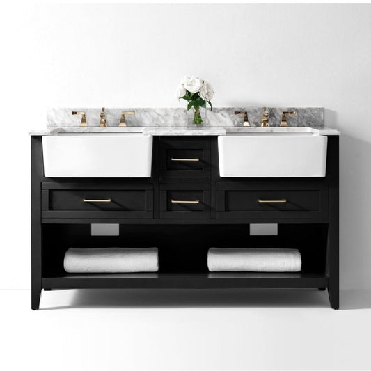 Ancerre Designs Hayley 60" Black Onyx 4-Drawer 1-Shelve Bath Vanity With Italian Carrara White Marble Vanity Top, Double Farmhouse Undermount Apron Ceramic Sinks, 4" White Marble Backsplash and Satin Brushed Gold Hardware