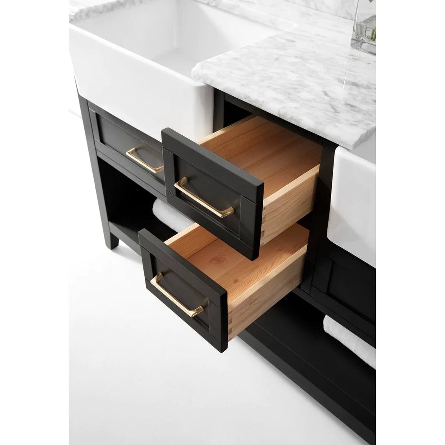 Ancerre Designs Hayley 60" Black Onyx 4-Drawer 1-Shelve Bath Vanity With Italian Carrara White Marble Vanity Top, Double Farmhouse Undermount Apron Ceramic Sinks, 4" White Marble Backsplash and Satin Brushed Gold Hardware