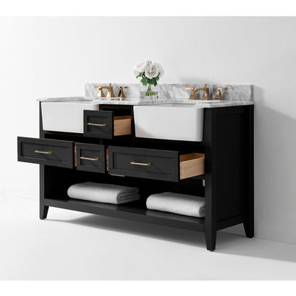 Ancerre Designs Hayley 60" Black Onyx 4-Drawer 1-Shelve Bath Vanity With Italian Carrara White Marble Vanity Top, Double Farmhouse Undermount Apron Ceramic Sinks, 4" White Marble Backsplash and Satin Brushed Gold Hardware