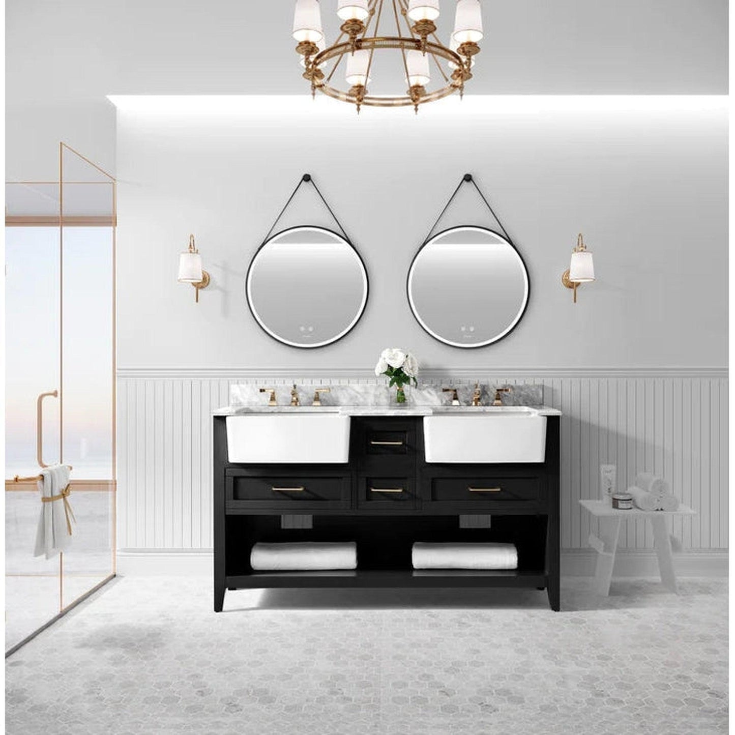 Ancerre Designs Hayley 60" Black Onyx 4-Drawer 1-Shelve Bath Vanity With Italian Carrara White Marble Vanity Top, Double Farmhouse Undermount Apron Ceramic Sinks, 4" White Marble Backsplash and Satin Brushed Gold Hardware