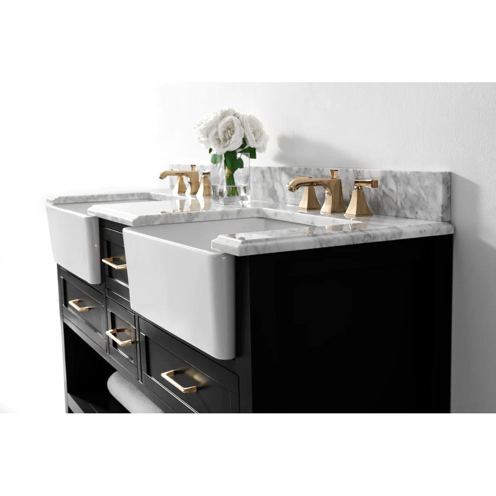Ancerre Designs Hayley 60" Black Onyx 4-Drawer 1-Shelve Bath Vanity With Italian Carrara White Marble Vanity Top, Double Farmhouse Undermount Apron Ceramic Sinks, 4" White Marble Backsplash and Satin Brushed Gold Hardware