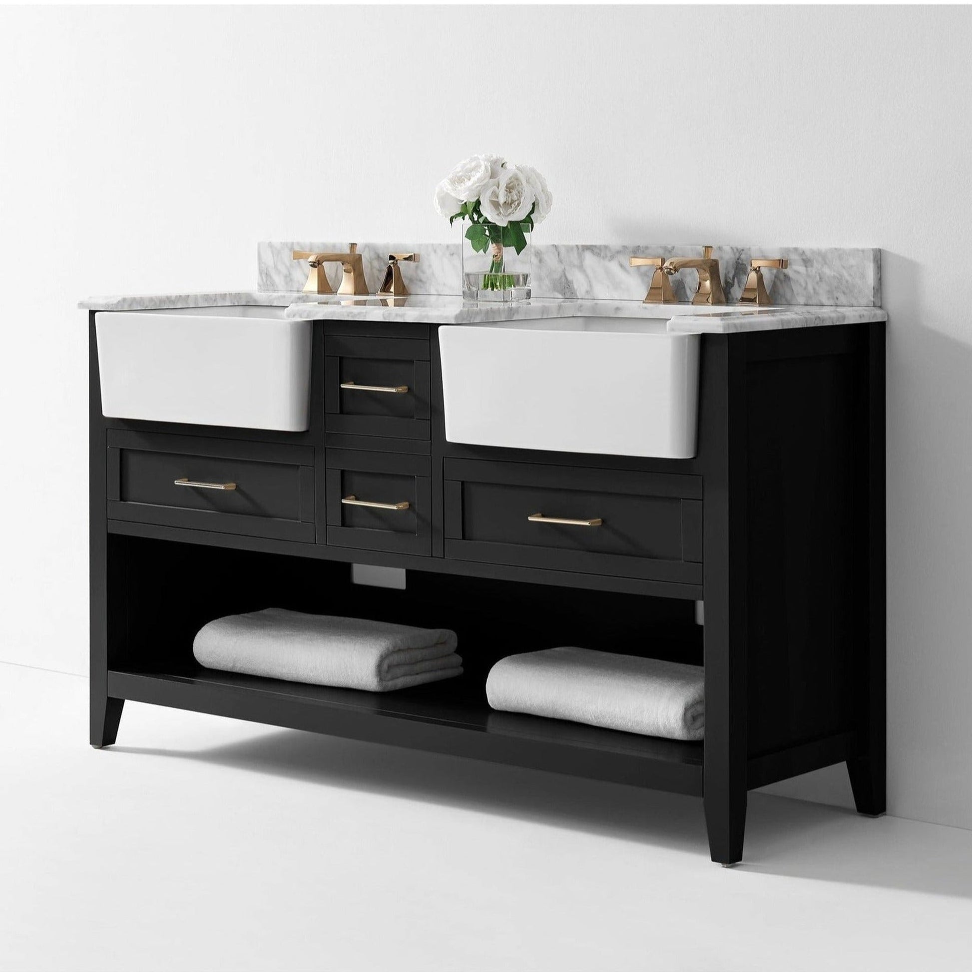 Ancerre Designs Hayley 60" Black Onyx 4-Drawer 1-Shelve Bath Vanity With Italian Carrara White Marble Vanity Top, Double Farmhouse Undermount Apron Ceramic Sinks, 4" White Marble Backsplash and Satin Brushed Gold Hardware