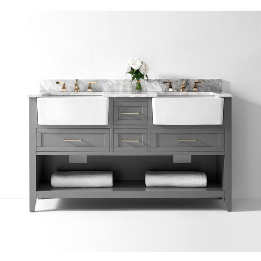 Ancerre Designs Hayley 60" Sea Cloud Gray 4-Drawer 1-Shelf Bathroom Vanity With Italian Carrara White Marble Vanity Top, Double Farmhouse Undermount Apron Ceramic Sinks, 4" White Marble Backsplash and Satin Brushed Gold Hardware