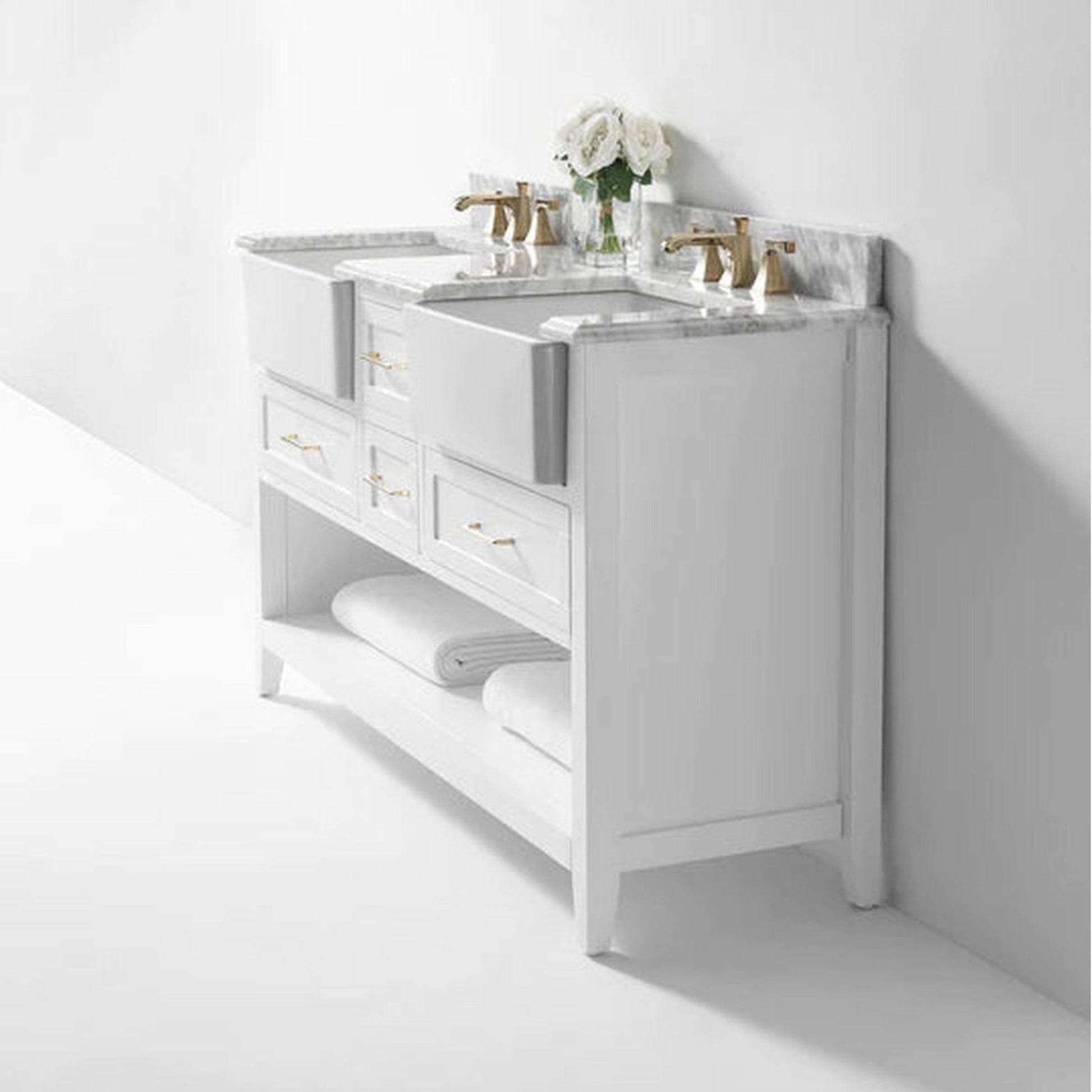 Ancerre Designs Hayley 60" White 4-Drawer 1-Shelve Bathroom Vanity With Italian Carrara White Marble Vanity Top, Double Farmhouse Undermount Apron Ceramic Sinks, 4" White Marble Backsplash and Satin Brushed Gold Hardware