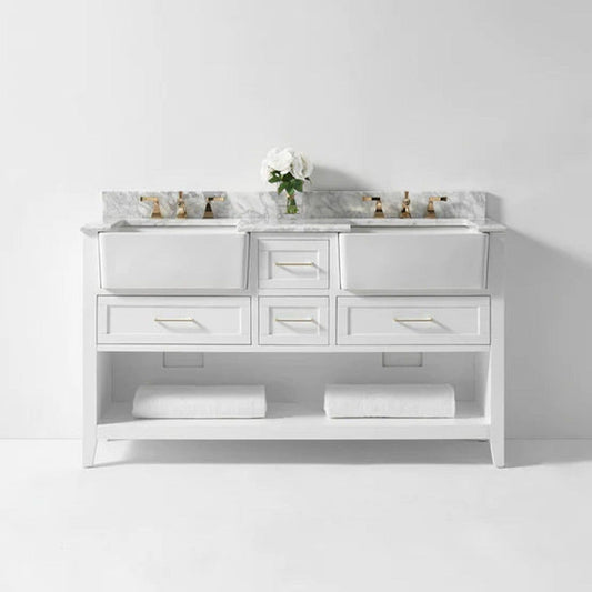 Ancerre Designs Hayley 60" White 4-Drawer 1-Shelve Bathroom Vanity With Italian Carrara White Marble Vanity Top, Double Farmhouse Undermount Apron Ceramic Sinks, 4" White Marble Backsplash and Satin Brushed Gold Hardware