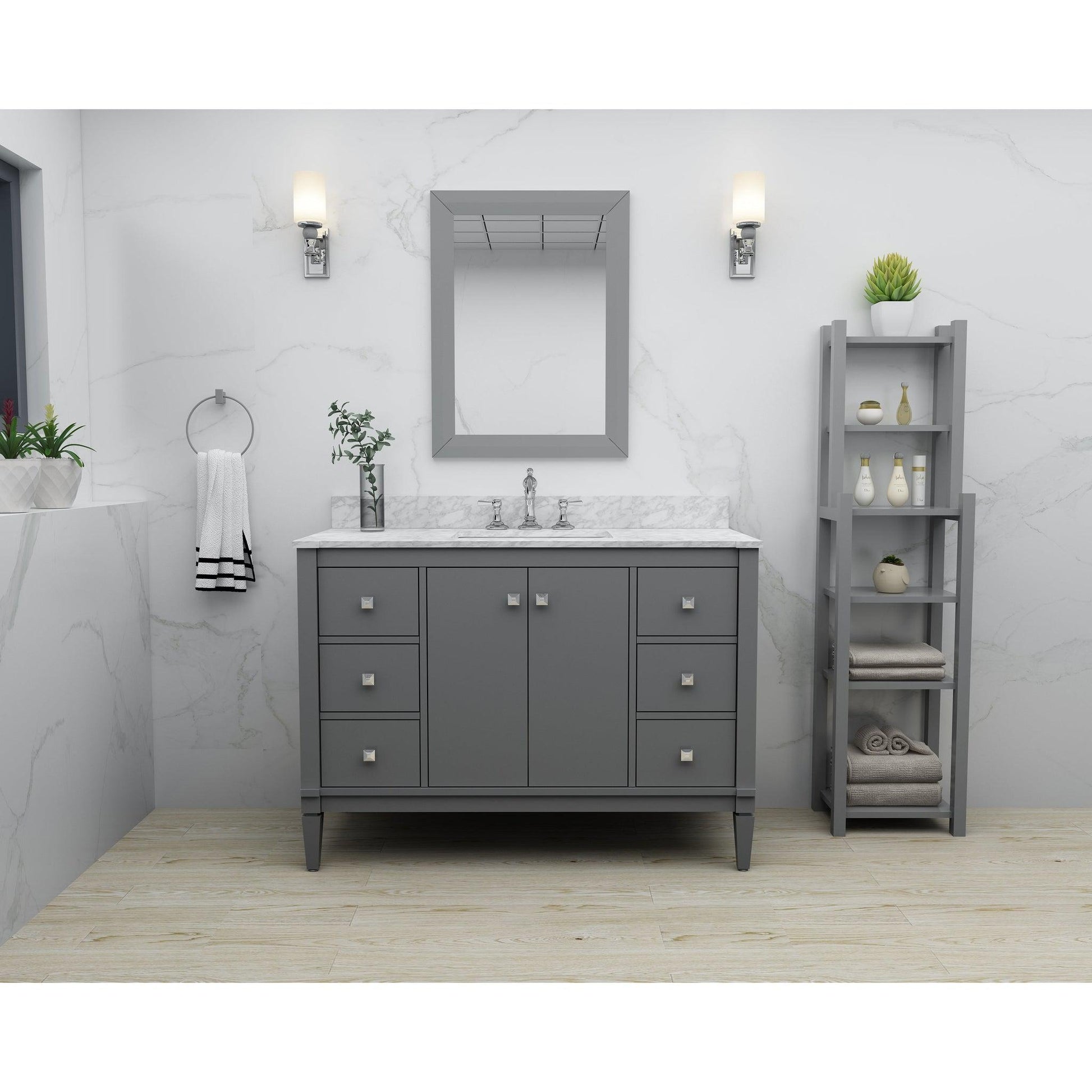 Ancerre Designs Kayleigh 48" Sapphire Gray 2-Door 6-Drawer Bath Vanity With Italian Carrara White Marble Vanity Top, Single Undermount Ceramic Sink, 4” Solid Wood Backsplash and Brushed Nickel Finish Hardware