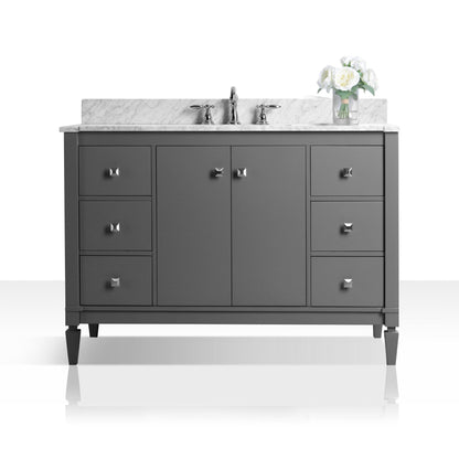 Ancerre Designs Kayleigh 48" Sapphire Gray 2-Door 6-Drawer Bath Vanity With Italian Carrara White Marble Vanity Top, Single Undermount Ceramic Sink, 4” Solid Wood Backsplash and Brushed Nickel Finish Hardware