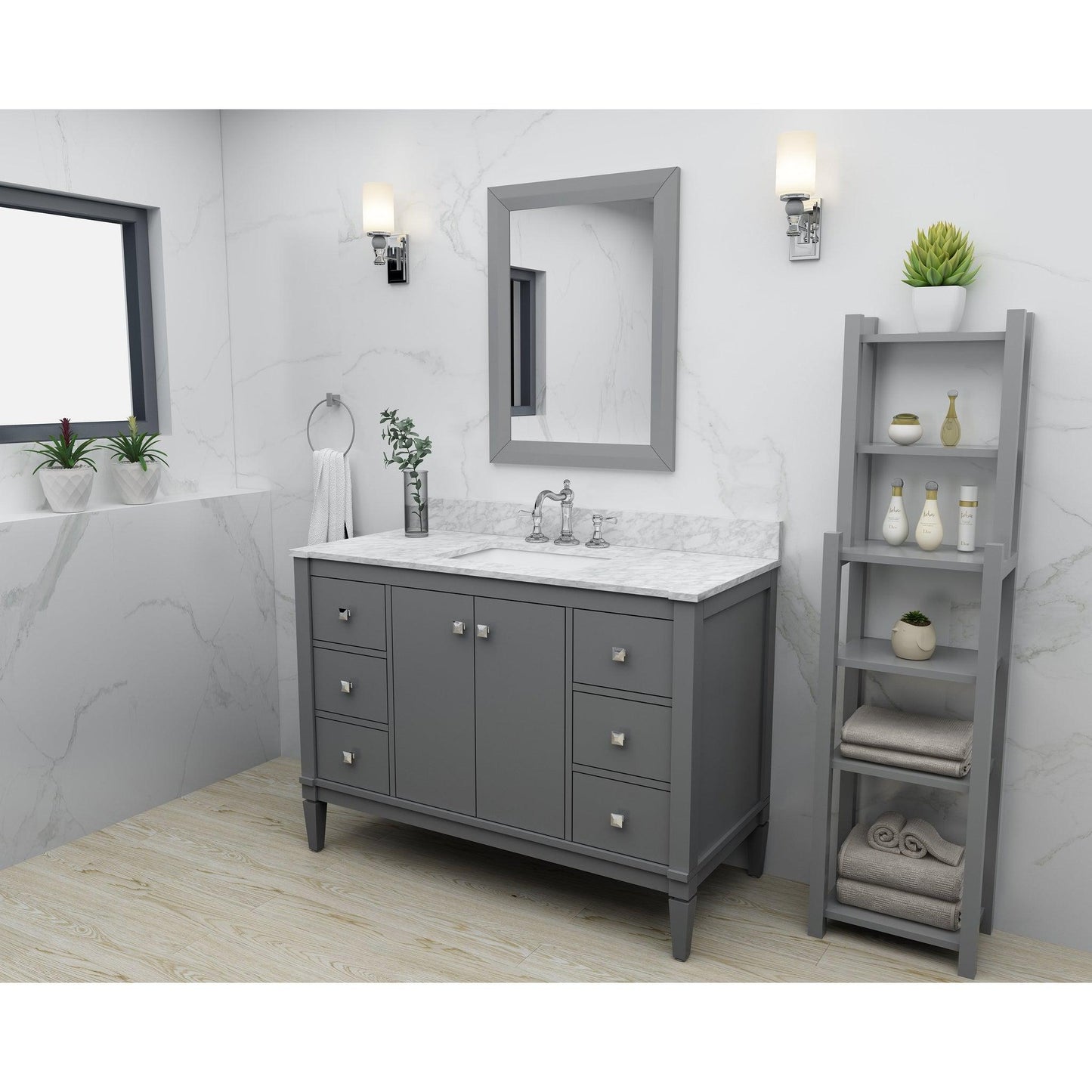 Ancerre Designs Kayleigh 48" Sapphire Gray 2-Door 6-Drawer Bath Vanity With Italian Carrara White Marble Vanity Top, Single Undermount Ceramic Sink, 4” Solid Wood Backsplash and Brushed Nickel Finish Hardware