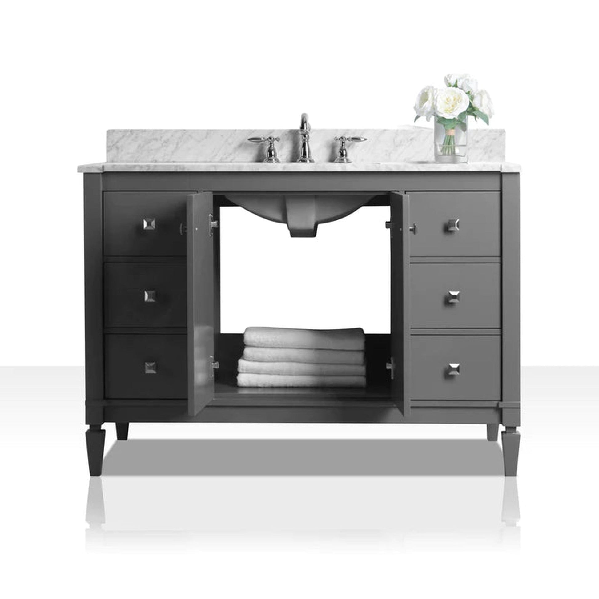 Ancerre Designs Kayleigh 48" Sapphire Gray 2-Door 6-Drawer Bath Vanity With Italian Carrara White Marble Vanity Top, Single Undermount Ceramic Sink, 4” Solid Wood Backsplash and Brushed Nickel Finish Hardware