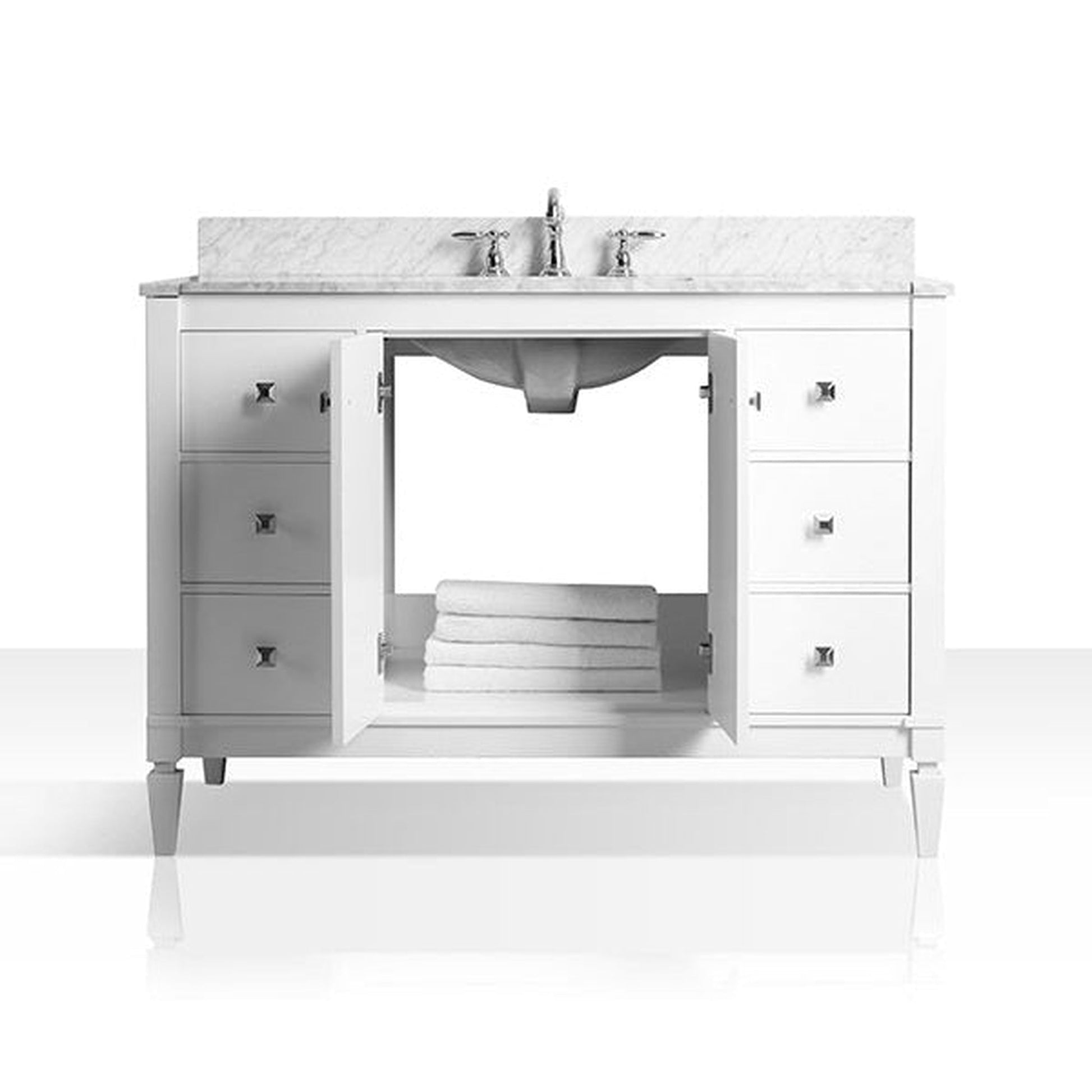 Ancerre Designs Kayleigh 48" White 2-Door 6-Drawer Bathroom Vanity With Italian Carrara White Marble Vanity Top, Single Undermount Ceramic Sink, 4" Solid Wood Backsplash and Brushed Nickel Finish Hardware