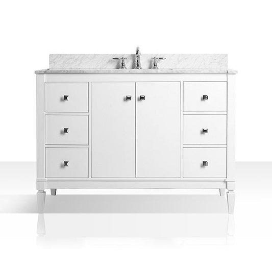 Ancerre Designs Kayleigh 48" White 2-Door 6-Drawer Bathroom Vanity With Italian Carrara White Marble Vanity Top, Single Undermount Ceramic Sink, 4" Solid Wood Backsplash and Brushed Nickel Finish Hardware