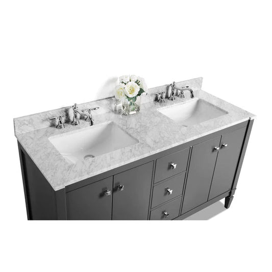 Ancerre Designs Kayleigh 60" Sapphire Gray 4-Door 3-Drawer Bathroom Vanity With Italian Carrara White Marble Vanity Top, Double Undermount Ceramic Sinks, 4" Solid Wood Backsplash and Brushed Nickel Finish Hardware