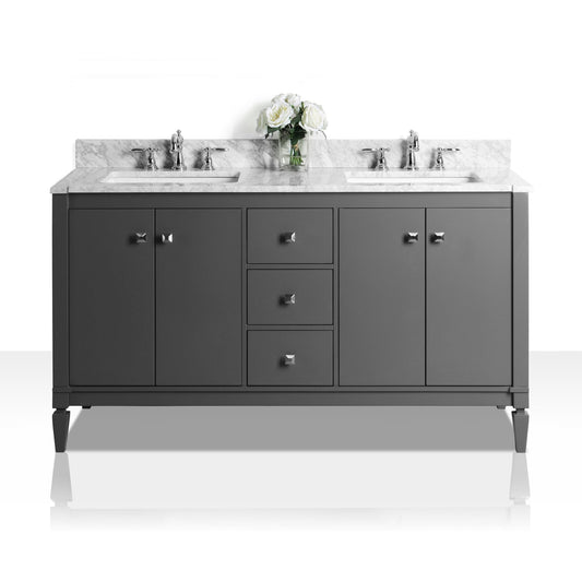 Ancerre Designs Kayleigh 60" Sapphire Gray 4-Door 3-Drawer Bathroom Vanity With Italian Carrara White Marble Vanity Top, Double Undermount Ceramic Sinks, 4" Solid Wood Backsplash and Brushed Nickel Finish Hardware