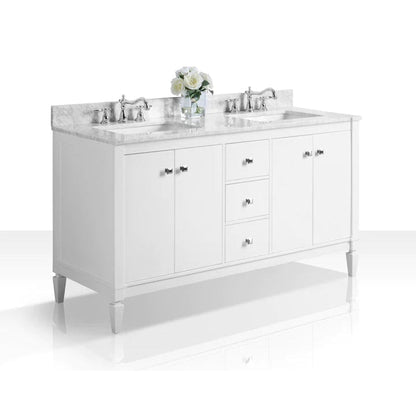 Ancerre Designs Kayleigh 60" White 4-Door 3-Drawer Bathroom Vanity With Italian Carrara White Marble Vanity Top, Double Undermount Ceramic Sinks, 4" Solid Wood Backsplash and Brushed Nickel Finish Hardware