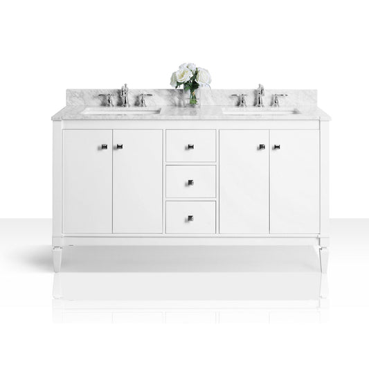 Ancerre Designs Kayleigh 60" White 4-Door 3-Drawer Bathroom Vanity With Italian Carrara White Marble Vanity Top, Double Undermount Ceramic Sinks, 4" Solid Wood Backsplash and Brushed Nickel Finish Hardware