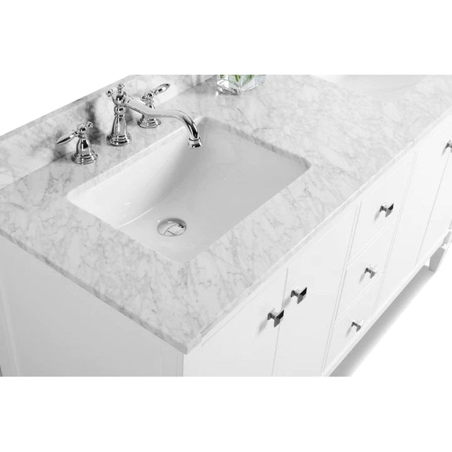 Ancerre Designs Kayleigh 60" White 4-Door 3-Drawer Bathroom Vanity With Italian Carrara White Marble Vanity Top, Double Undermount Ceramic Sinks, 4" Solid Wood Backsplash and Brushed Nickel Finish Hardware