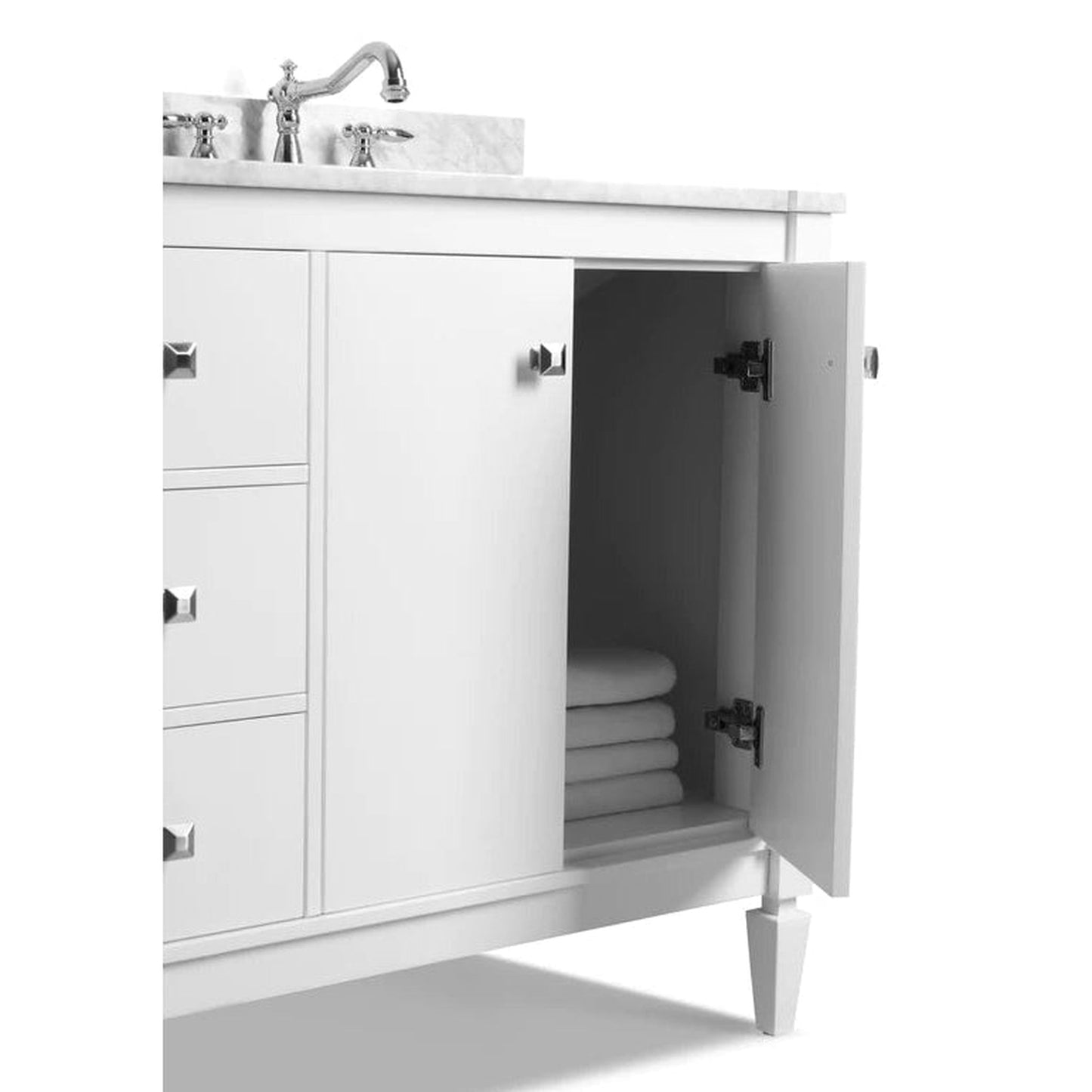 Ancerre Designs Kayleigh 60" White 4-Door 3-Drawer Bathroom Vanity With Italian Carrara White Marble Vanity Top, Double Undermount Ceramic Sinks, 4" Solid Wood Backsplash and Brushed Nickel Finish Hardware