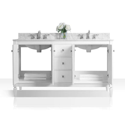 Ancerre Designs Kayleigh 60" White 4-Door 3-Drawer Bathroom Vanity With Italian Carrara White Marble Vanity Top, Double Undermount Ceramic Sinks, 4" Solid Wood Backsplash and Brushed Nickel Finish Hardware