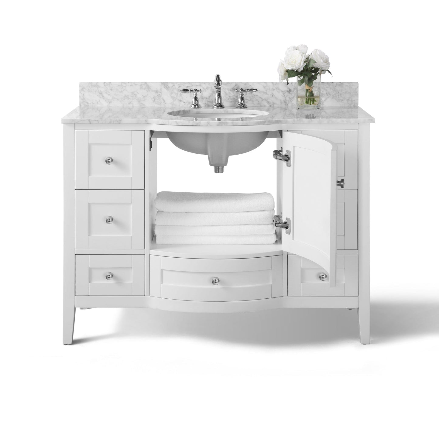 Ancerre Designs Lauren 48" White Single Door 7-Drawer Bathroom Vanity With Italian Carrara White Marble Vanity Top, Single Oval Undermount Ceramic Sink, 4" Solid Wood Backsplash and Brushed Nickel Finish Hardware