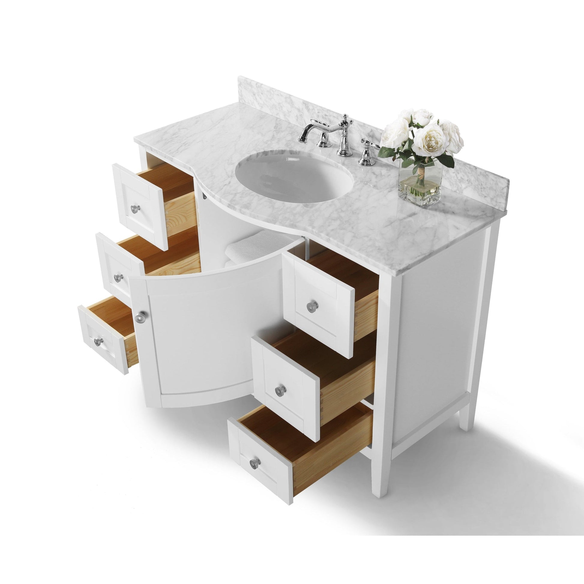 Ancerre Designs Lauren 48" White Single Door 7-Drawer Bathroom Vanity With Italian Carrara White Marble Vanity Top, Single Oval Undermount Ceramic Sink, 4" Solid Wood Backsplash and Brushed Nickel Finish Hardware