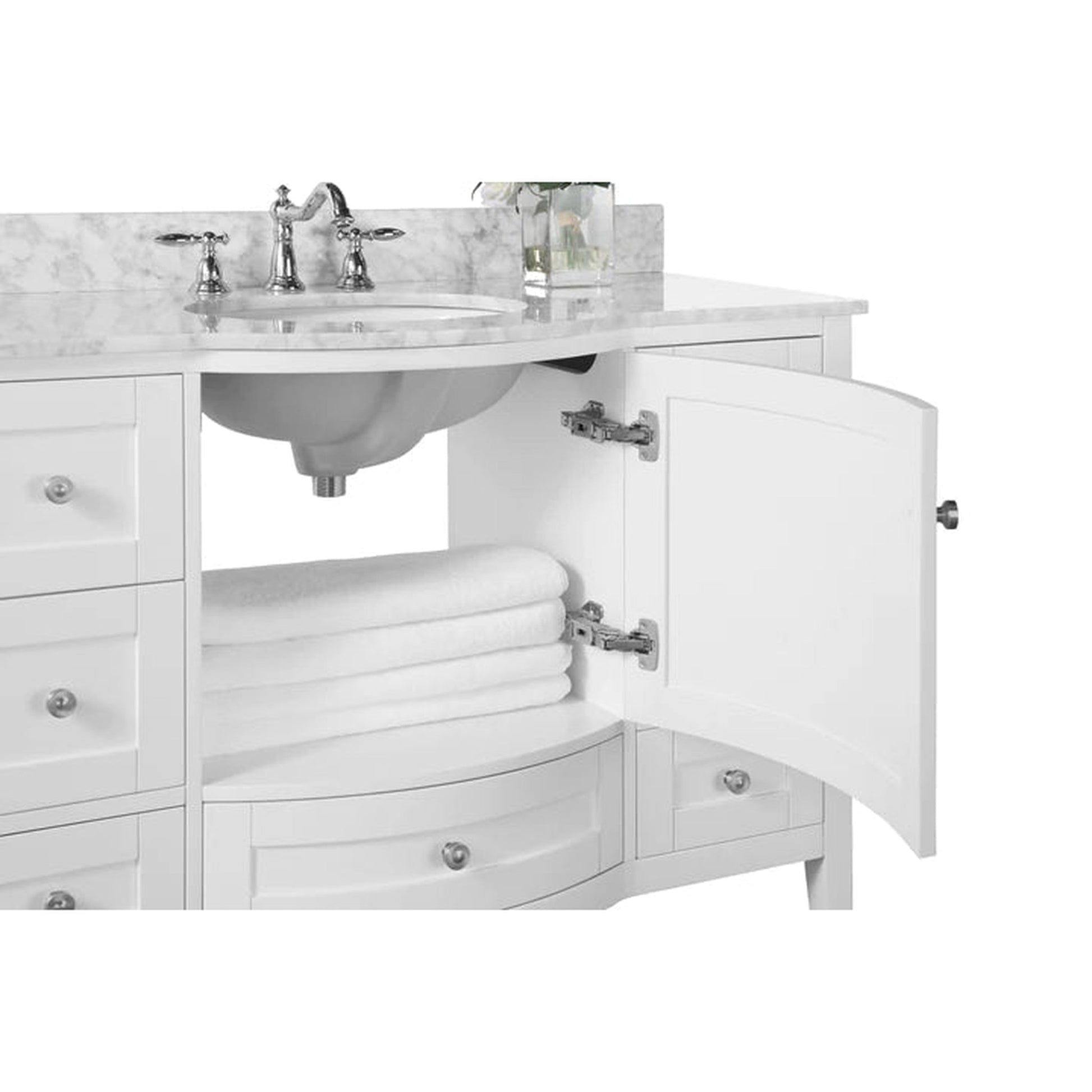 Ancerre Designs Lauren 48" White Single Door 7-Drawer Bathroom Vanity With Italian Carrara White Marble Vanity Top, Single Oval Undermount Ceramic Sink, 4" Solid Wood Backsplash and Brushed Nickel Finish Hardware