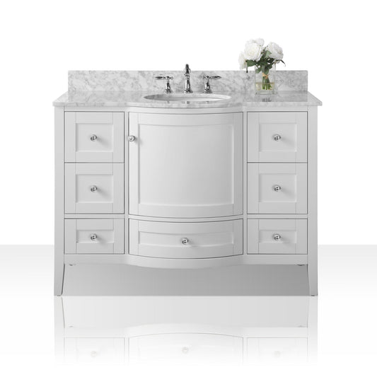 Ancerre Designs Lauren 48" White Single Door 7-Drawer Bathroom Vanity With Italian Carrara White Marble Vanity Top, Single Oval Undermount Ceramic Sink, 4" Solid Wood Backsplash and Brushed Nickel Finish Hardware